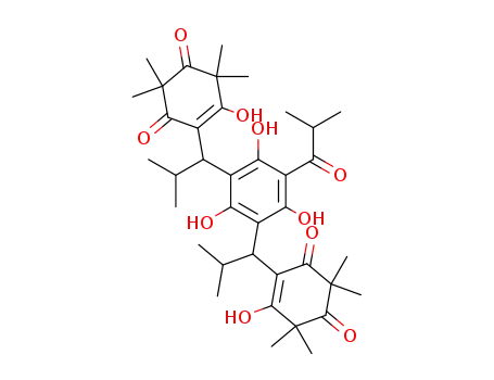 Molecular Structure of 54247-21-1 (4,4'-[[2,4,6-Trihydroxy-5-(2-methyl-1-oxopropyl)-1,3-phenylene]bis(2-methylpropane-1,1-diyl)]bis[5-hydroxy-2,2,6,6-tetramethyl-4-cyclohexene-1,3-dione])