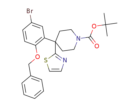 Molecular Structure of 1295645-07-6 (4-(2-benzyloxy-5-bromophenyl)-4-thiazol-2-ylpiperidine-1-carboxylic acid tert-butyl ester)