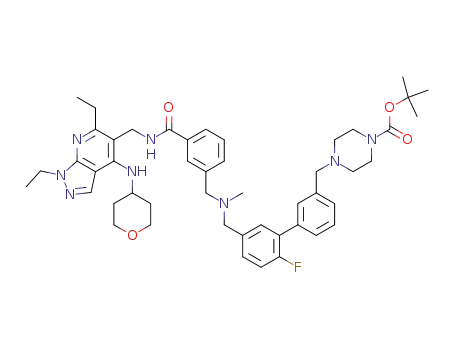 1,1-dimethylethyl 4-[(5'-{[({3-[({[1,6-diethyl-4-(tetrahydro-2H-pyran-4-ylamino)-1H-pyrazolo[3,4-b]pyridin-5-yl]methyl}amino)carbonyl]-phenyl}methyl)(methyl)amino]-methyl}-2'-fluoro-3-biphenylyl)methyl]-1-piperazinecarboxylate
