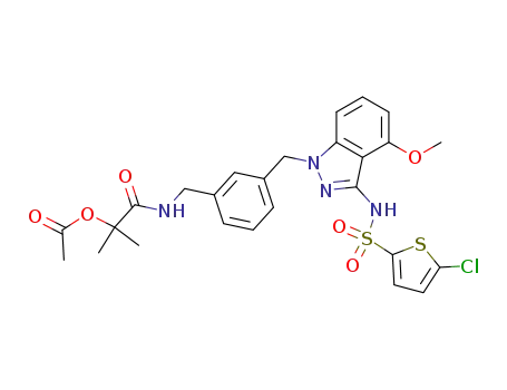 Molecular Structure of 1240518-23-3 (2-{[(3-{[3-{[(5-chloro-2-thienyl)sulfonyl]amino}-4-(methyloxy)-1H-indazol-1-yl]methyl}phenyl)methyl]amino}-1,1-dimethyl-2-oxoethyl acetate)