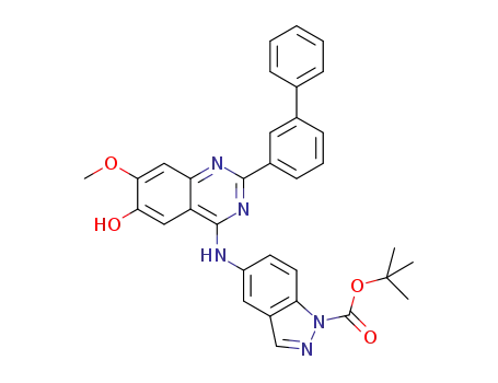 Molecular Structure of 911418-15-0 (tert-butyl 5-(2-[(3-phenyl)phenyl]-6-hydroxy-7-methoxyquinazolin-4-ylamino)-1H-indazole-1-carboxylate)