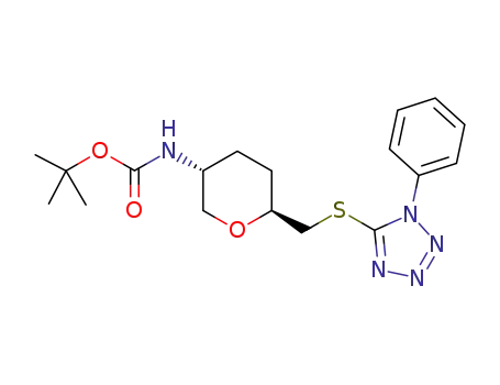 Molecular Structure of 881657-48-3 (tert-butyl ((3R,6S)-6-(((1-phenyl-1H-tetrazol-5-yl)thio)methyl)-tetrahydro-2H-pyran-3-yl)carbamate)