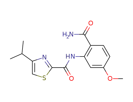 Molecular Structure of 923274-25-3 (4-isopropylthiazole-2-carboxylic acid (2-carbamoyl-5-methoxy-phenyl)-amide)