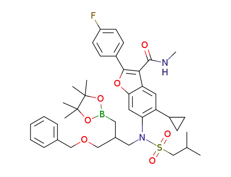 Molecular Structure of 1378429-53-8 (6-(N-(3-(benzyloxy)-2-((4,4,5,5-tetramethyl-1,3,2-dioxaborolan-2-yl)methyl)propyl)-2-methylpropylsulfonamido)-5-cyclopropyl-2-(4-fluorophenyl)-N-methylbenzofuran-3-carboxamide)