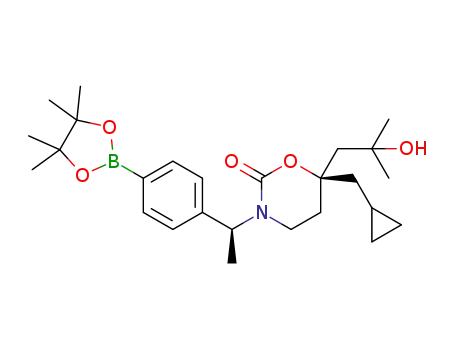 Molecular Structure of 1352754-38-1 ((S)-6-cyclopropylmethyl-6-(2-hydroxy-2-methyl-propyl)-3-{(S)-1-[4-(4,4,5,5-tetramethyl-[1,3,2]dioxaborolan-2-yl)-phenyl]-ethyl}-[1,3]oxazinan-2-one)