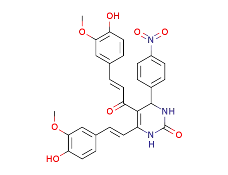 Molecular Structure of 1373886-10-2 (5-(4-hydroxy-3-methoxyphenylethylenecarbonyl)-6-(4-hydroxy-3-methoxyphenylethylene)-4-(4-nitrophenyl)-3,4-dihydropyrimidin-2(1H)-one)