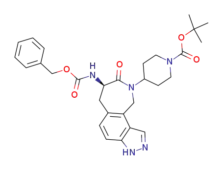 Molecular Structure of 885608-47-9 (4-(7-(R)-benzyloxycarbonylamino-8-oxo-6,7,8,10-tetrahydro-3H-2,3,9-triaza-cyclohepta[e]inden-9-yl)-piperidine-1-carboxylic acid tert-butyl ester)