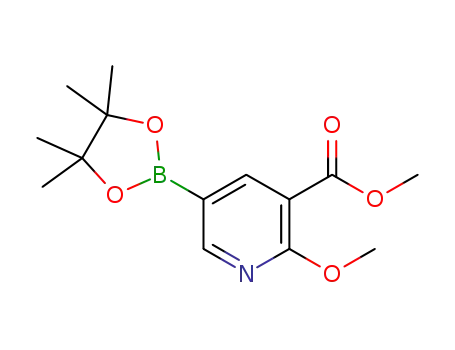 Molecular Structure of 1083168-93-7 (Methyl2-methoxy-5-(4,4,5,5-tetramethyl-1,3,2-dioxaborolan-2-yl)nicotinate)