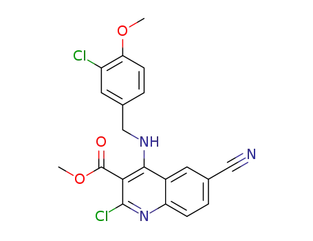 Molecular Structure of 1448419-18-8 (methyl 2-chloro-4-[(3-chloro-4-methoxybenzyl)amino]-6-cyanoquinoline-3-carboxylate)