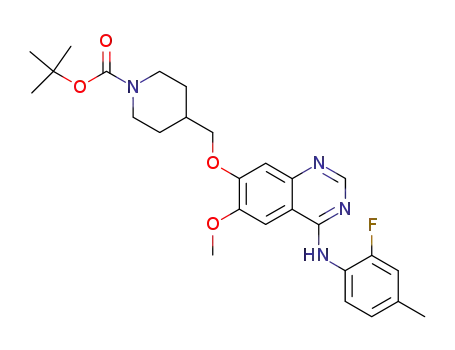 Molecular Structure of 338992-35-1 (tert-butyl 4-[({4-[(2-fluoro-4-methylphenyl)amino]-6-methoxyquinazolin-7-yl}oxy)methyl]piperidine-1-carboxylate)