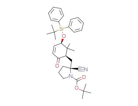 Molecular Structure of 851857-10-8 (2-[5-(<i>tert</i>-butyl-diphenyl-silanyloxy)-6,6-dimethyl-2-oxo-cyclohex-3-enylmethyl]-2-cyano-pyrrolidine-1-carboxylic acid <i>tert</i>-butyl ester)