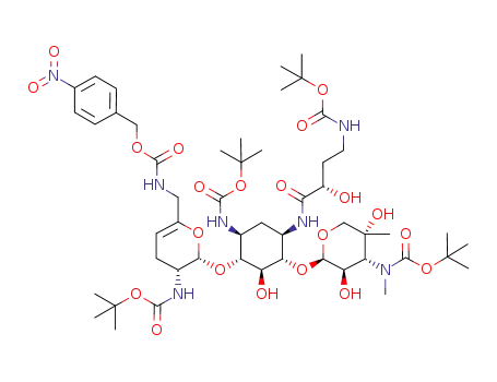 tert-butyl ((2R,3R,4R,5R)-2-(((1S,2S,3R,4S,6R)-4-((tert-butoxycarbonyl)amino)-6-((S)-4-((tert-butoxycarbonyl)amino)-2-hydroxybutanamido)-3-(((2S,3R)-3-((tert-butoxycarbonyl)amino)-6-(((((4-nitrobenzyl)oxy)carbonyl)amino)methyl)-3,4-dihydro-2H-pyran-2-yl)oxy)-2-hydroxycyclohexyl)oxy)-3,5-dihydroxy-5-methyltetrahydro-2H-pyran-4-yl)(methyl)carbamate