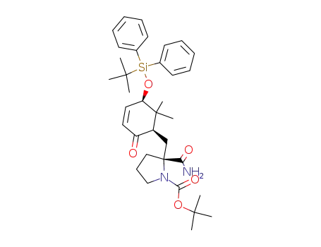 Molecular Structure of 851857-01-7 (1-Pyrrolidinecarboxylic acid,
2-(aminocarbonyl)-2-[[(1R,5R)-5-[[(1,1-dimethylethyl)diphenylsilyl]oxy]-6
,6-dimethyl-2-oxo-3-cyclohexen-1-yl]methyl]-, 1,1-dimethylethyl ester,
(2R)-)