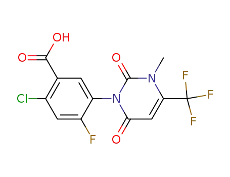 Molecular Structure of 120890-57-5 (2-chloro-5-(3,6-dihydro-3-methyl-2,6-dioxo-4-(trifluoromethyl)-1(2H)-pyrimidinyl)-4-fluoro-benzoic acid)