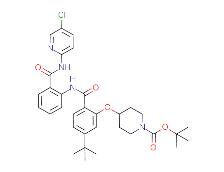 Molecular Structure of 889120-05-2 (1-Piperidinecarboxylic acid,
4-[2-[[[2-[[(5-chloro-2-pyridinyl)amino]carbonyl]phenyl]amino]carbonyl]-5
-(1,1-dimethylethyl)phenoxy]-, 1,1-dimethylethyl ester)