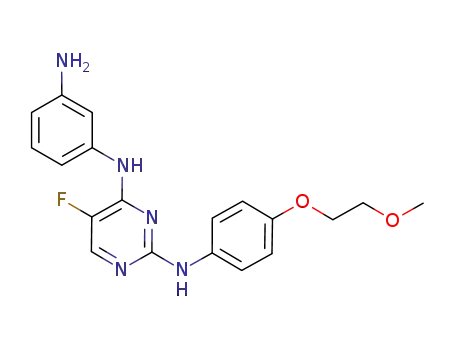Molecular Structure of 1202759-91-8 (N4-(3-aMinophenyl)-5-fluoro-N2-(4-(2-Methoxyethoxy)phenyl)pyriMidine-2,4-diaMine)