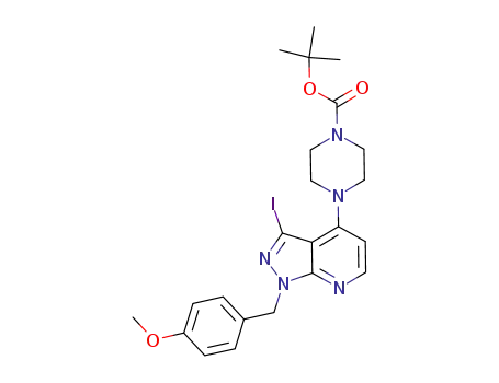 Molecular Structure of 1173068-83-1 (tert-butyl 4-(3-iodo-1-(4-methoxybenzyl)-1H-pyrazolo[3,4-b]pyridin-4-yl)piperazine-1-carboxylate)