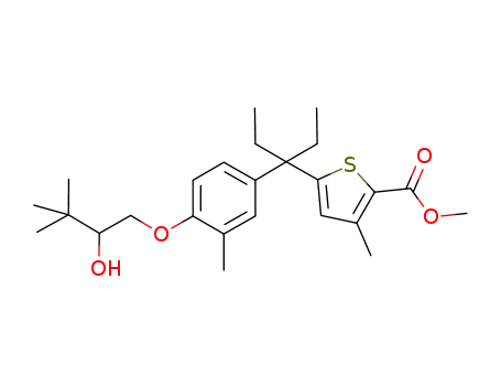 Molecular Structure of 633337-90-3 (2-Thiophenecarboxylic acid,
5-[1-ethyl-1-[4-(2-hydroxy-3,3-dimethylbutoxy)-3-methylphenyl]propyl]-3-
methyl-, methyl ester)