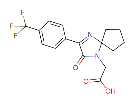 Molecular Structure of 950651-38-4 ({2-oxo-3-[4-(trifluoromethyl)phenyl]-1,4-diazaspiro[4.4]non-3-en-1-yl}acetic acid)
