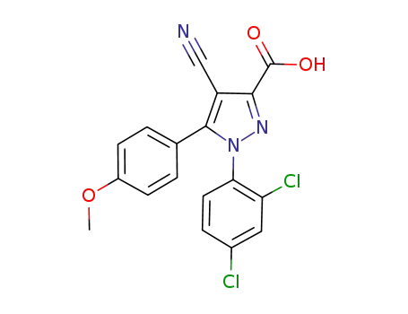 Molecular Structure of 947696-04-0 (1-(2,4-dichlorophenyl)-4-cyano-5-(4-methoxyphenyl)-1H-pyrazole-3-carboxylic acid)