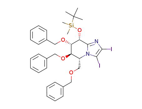 Molecular Structure of 922163-73-3 (Imidazo[1,2-a]pyridine,
8-[[(1,1-dimethylethyl)dimethylsilyl]oxy]-5,6,7,8-tetrahydro-2,3-diiodo-6,7
-bis(phenylmethoxy)-5-[(phenylmethoxy)methyl]-, (5R,6R,7S,8R)-)