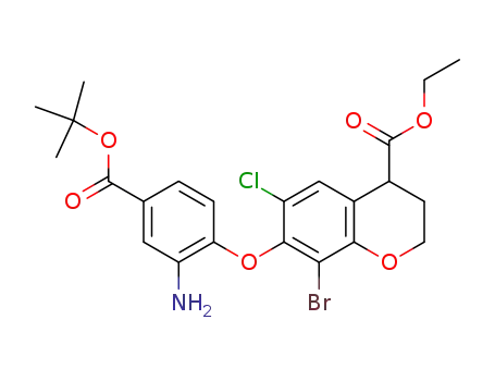 Molecular Structure of 1202890-01-4 (ethyl 7-(2-amino-4-(tert-butoxycarbonyl)phenoxy)-8-bromo-6-chlorochroman-4-carboxylate)