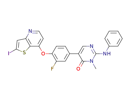 Molecular Structure of 946505-31-3 (5-(3-fluoro-4-(2-iodothieno[3,2-b]pyridin-7-yloxy)phenyl)-3-methyl-2-(phenylamino)pyrimidin-4(3H)-one)