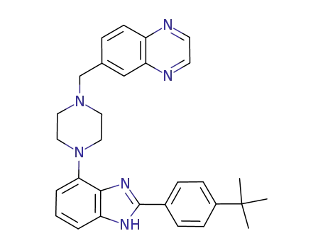Molecular Structure of 872002-72-7 (Quinoxaline, 6-[[4-[2-[4-(1,1-dimethylethyl)phenyl]-1H-benzimidazol-7-yl]-1-piperazinyl]methyl]-)