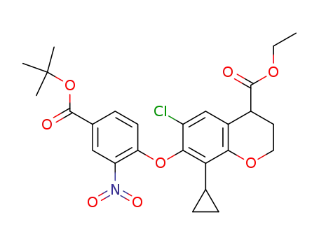 Molecular Structure of 1202890-06-9 (ethyl 7-(4-(tert-butoxycarbonyl)-2-nitrophenoxy)-6-chloro-8-cyclopropylchroman-4-carboxylate)