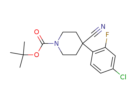 Molecular Structure of 1093956-69-4 (1,1-dimethylethyl 4-(4-chloro-2-fluorophenyl)-4-cyano-1-piperidinecarboxylate)