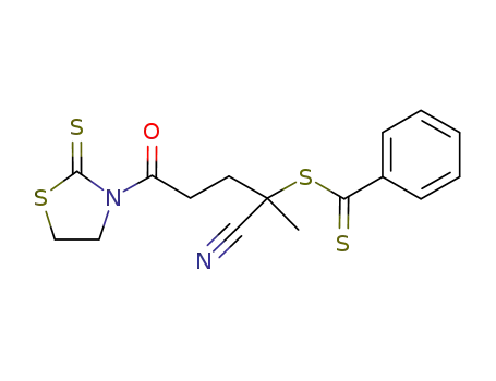 Molecular Structure of 887764-14-9 (dithiobenzoic Acid 1-cyano-1-methyl-4-oxo-4-(2-thioxothiazolidin-3-yl)butyl ester)