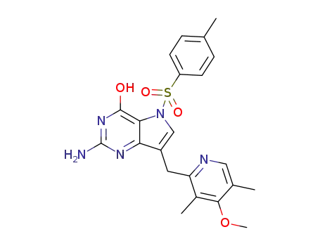 Molecular Structure of 1196886-19-7 (2-amino-7-((4-methoxy-3,5-dimethylpyridin-2-yl)methyl)-5-tosyl-5H-pyrrolo[3,2-d]pyrimidin-4-ol)