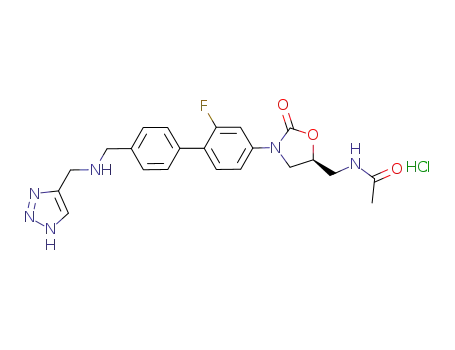 Molecular Structure of 869884-77-5 ((5S)-N-[3-(2-fluoro-4'-{[(1H-[1,2,3]triazol-4-ylmethyl)amino]methyl}biphenyl-4-yl)-2-oxo-oxazolidin-5-ylmethyl]acetamide hydrochloride)