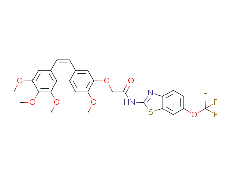 Molecular Structure of 1392441-96-1 (N<sub>1</sub>-(6-(trifluoromethoxy)-1,3-benzothiazol-2-yl)-2-{2-methoxy-5-[(Z)-2-(3,4,5-trimethoxyphenyl)-1-ethenyl]phenoxy}acetamide)