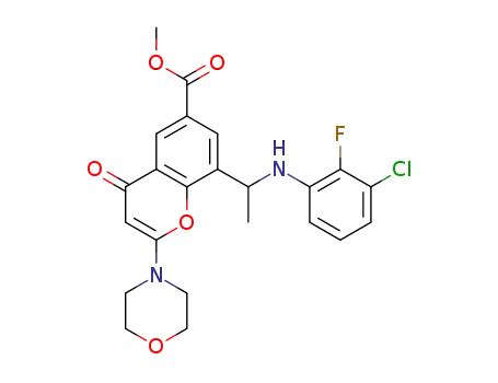 Molecular Structure of 1296271-42-5 (methyl 8-(1-(3-chloro-2-fluorophenylamino)ethyl)-2-morpholino-4-oxo-4H-chromene-6-carboxylate)