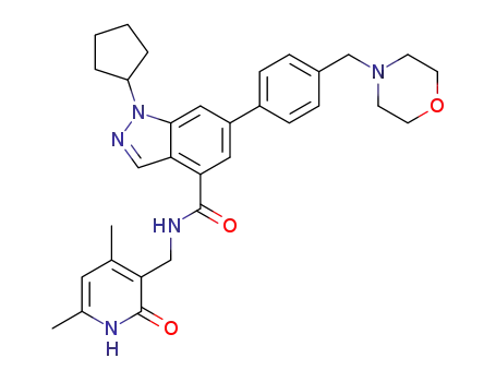 Molecular Structure of 1396772-26-1 (1-Cyclopentyl-N-((4,6-diMethyl-2-oxo-1,2-dihydropyridin-3-yl)Methyl)-6-(4-(MorpholinoMethyl)phenyl)-1H-indazole-4-carboxaMide)