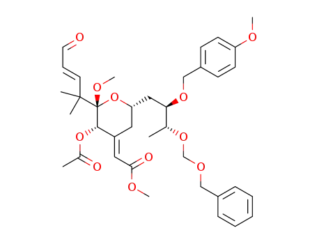 Molecular Structure of 1261423-09-9 ((E)-methyl 2-((2S,3S,6S)-3-acetoxy-6-((2R,3R)-3-((benzyloxy)methoxy)-2-((4-methoxybenzyl)oxy)butyl)-2-methoxy-2-((E)-2-methyl-5-oxopent-3-en-2-yl)dihydro-2H-pyran-4(3H)-ylidene)acetate)