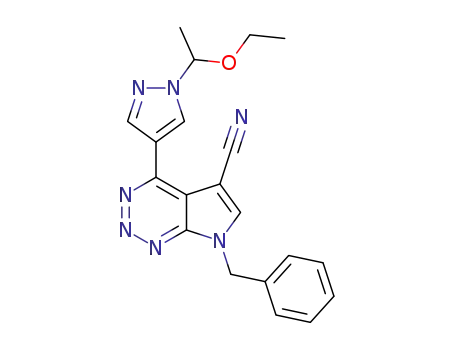 Molecular Structure of 1269823-73-5 (7-benzyl-4-(1-(1-ethoxyethyl)-1H-pyrazol-4-yl)-7H-pyrrolo[2,3-d][1,2,3]triazine-5-carbonitrile)