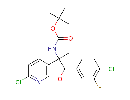 Molecular Structure of 1199793-09-3 (tert-butyl [2-(4-chloro-3-fluorophenyl)-1-(6-chloropyridin-3-yl)-2-hydroxy-1-methylethyl]carbamate)