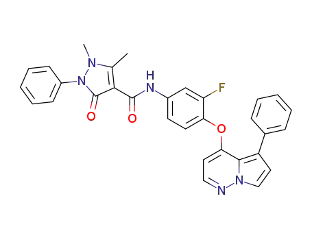 Molecular Structure of 1221713-71-8 (N-(3-fluoro-4-(5-phenylpyrrolo[1,2-b]pyridazin-4-yloxy)phenyl)-1,5-dimethyl-3-oxo-2-phenyl-2,3-dihydro-1H-pyrazole-4-carboxamide)