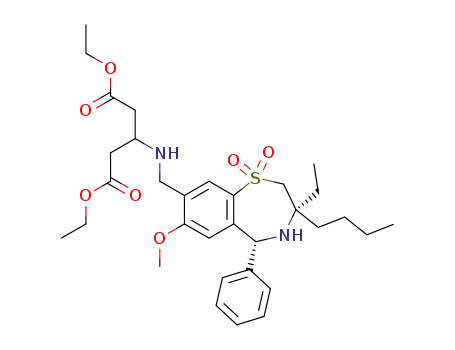 Molecular Structure of 1345984-00-0 (diethyl 3-({[(3R,5R)-3-butyl-3-ethyl-7-(methyloxy)-1,1-dioxido-5-phenyl-2,3,4,5-tetrahydro-1,4-benzothiazepin-8-yl]methyl}amino)pentanedioate)
