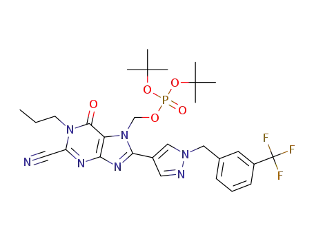 Molecular Structure of 1365173-21-2 (phosphoric acid di-tert-butyl ester 2-cyano-6-oxo-1-propyl-8-[1-(3-trifluoromethylbenzyl)-1H-pyrazol-4-yl]-1,6-dihydropurin-7-ylmethyl ester)
