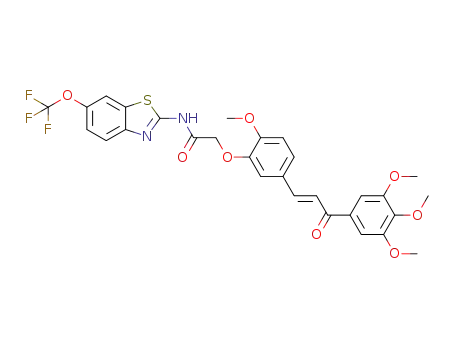 Molecular Structure of 1379509-97-3 (N<sub>1</sub>-(6-(trifluoromethoxy)-1,3-benzothiazol-2-yl)-2-{2-methoxy-5-[(E)-3-oxo-3-(3,4,5-trimethoxyphenyl)-1-propenyl]phenoxy}acetamide)