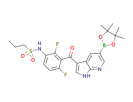 Molecular Structure of 1312942-04-3 (propane-1-sulfonic acid {2,4-difluoro-3-[5-(4,4,5,5-tetramethyl-[1,3,2]dioxaborolan-2-yl)-1H-pyrrolo[2,3-b]pyridine-3-carbonyl]-phenyl}-amide)
