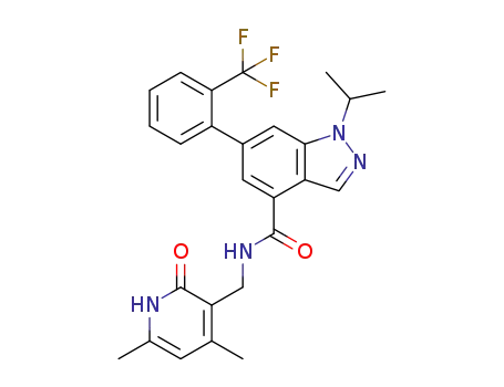 Molecular Structure of 1346704-20-8 (N-[(4,6-dimethyl-2-oxo-1,2-dihydro-3-pyridinyl)methyl]-1-(1-methylethyl)-6-[2-(trifluoromethyl)phenyl]-1H-indazole-4-carboxamide)