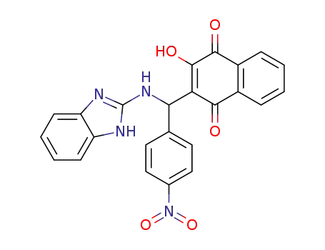 Molecular Structure of 1259091-97-8 (2-(((1H-benzo[d]imidazol-2-yl)amino)(4-nitrophenyl)methyl)-3-hydroxynaphthalene-1,4-dione)