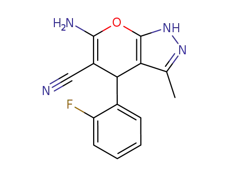 Molecular Structure of 89607-35-2 (6-amino-4-(2-fluorophenyl)-3-methyl-1,4-dihydropyrano[2,3-c]pyrazole-5-carbonitrile)