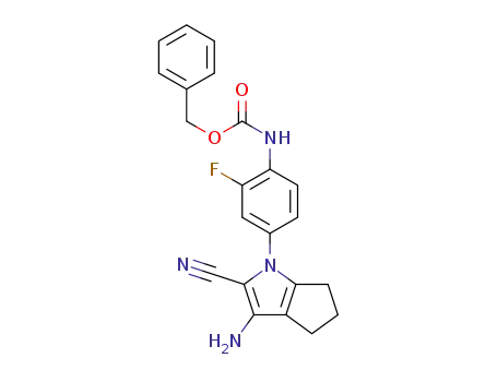 Molecular Structure of 1402559-15-2 (benzyl N-[4-(3-amino-2-cyano-5,6-dihydro-4H-cyclopenta[b]pyrrol-1-yl)-2-fluorophenyl]carbamate)