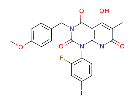 Molecular Structure of 871700-55-9 (1-(2-fluoro-4-iodophenyl)-5-hydroxy-3-(4-methoxybenzyl)-6,8-dimethylpyrido[2,3-d]pyrimidine-2,4,7(1H,3H,8H)-trione)