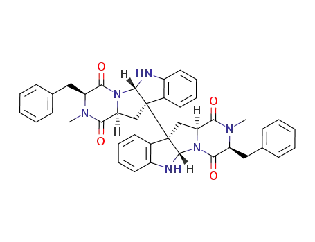 Molecular Structure of 64947-43-9 ([10b,10'b-Bi-10bH-pyrazino[1',2':1,5]pyrrolo[2,3-b]indole]-1,1',4,4'-tetrone,2,2',3,3',5a,5'a,6,6',11,11',11a,11'a-dodecahydro-2,2'-dimethyl-3,3'-bis(phenylmethyl)-,(3S,3'S,5aS,5'aS,10bS,10'bS,11aS,11'aS)-)